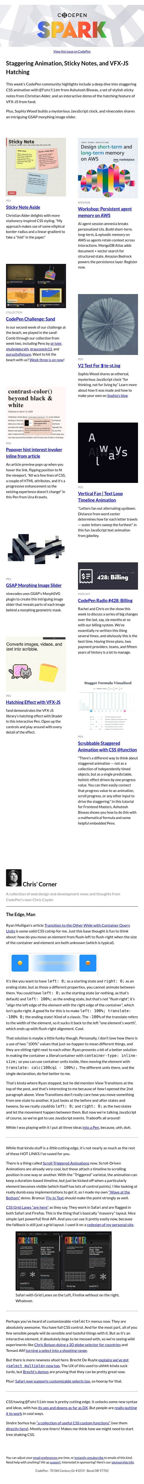Staggering Animation, Sticky Notes, and VFX-JS Hatching email from CodePen screenshot