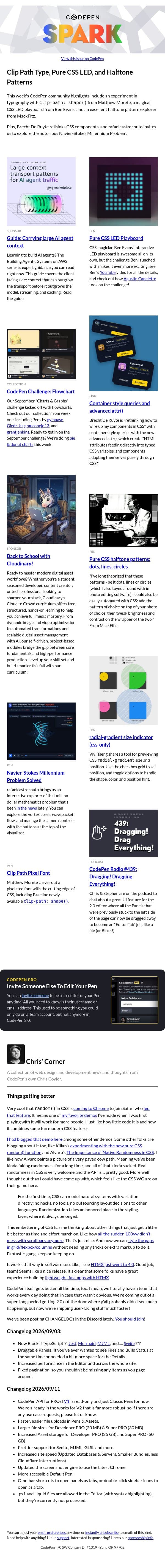 Clip Path Type, Pure CSS LED, and Halftone Patterns email from CodePen screenshot
