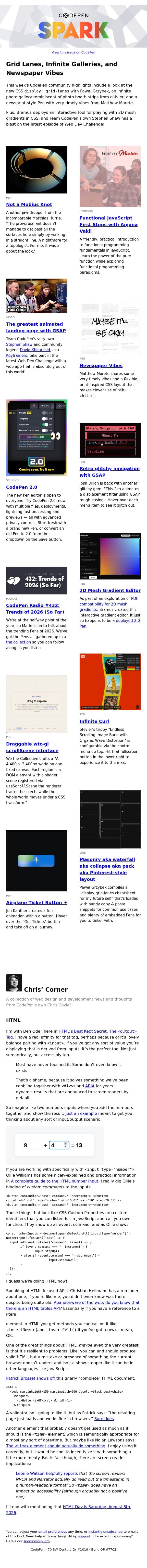 Grid Lanes, Infinite Galleries, and Newspaper Vibes email from CodePen screenshot