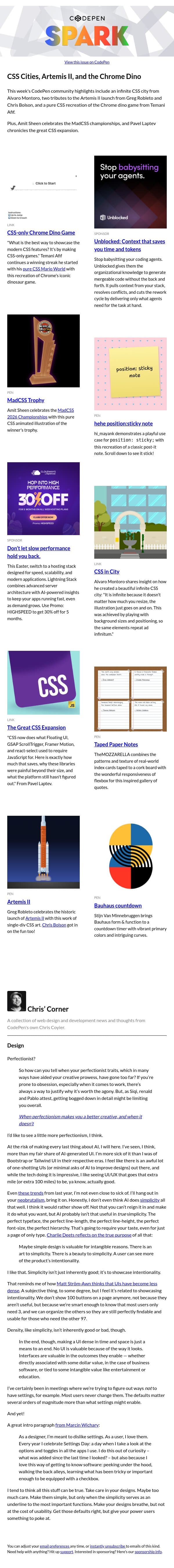 CSS Cities, Artemis II, and the Chrome Dino email from CodePen screenshot