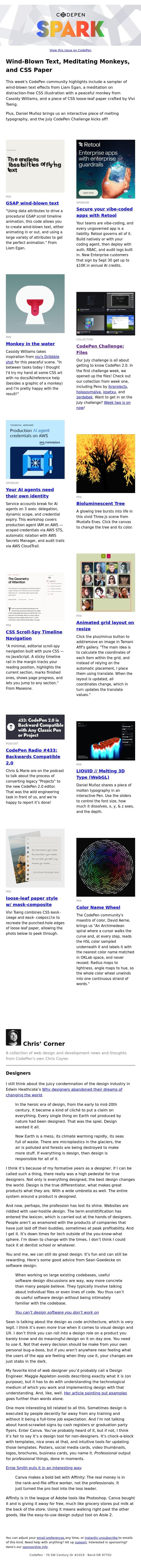Wind-Blown Text, Meditating Monkeys, and CSS Paper email from CodePen screenshot