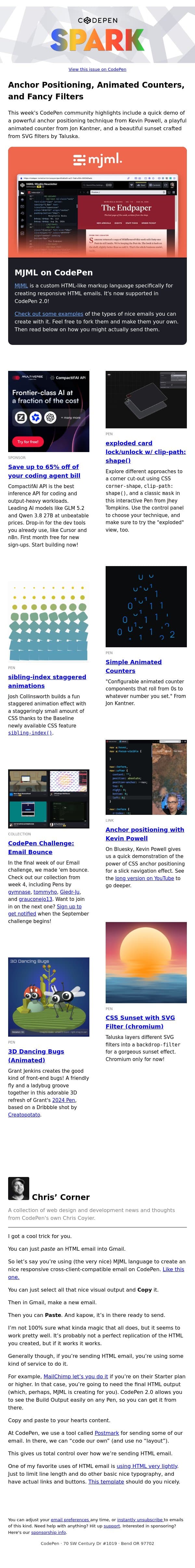 Anchor Positioning, Animated Counters, and Fancy Filters email from CodePen screenshot
