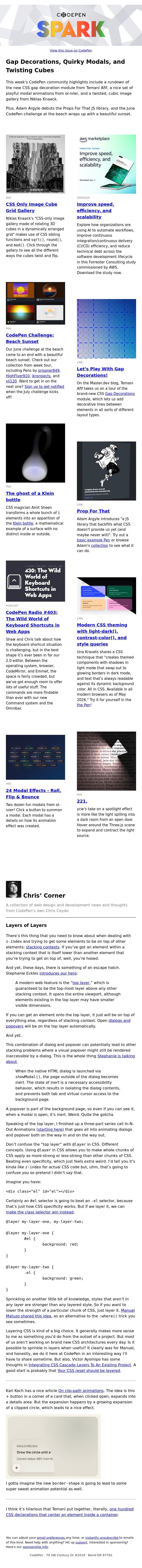 Gap Decorations, Quirky Modals, and Twisting Cubes email from CodePen screenshot