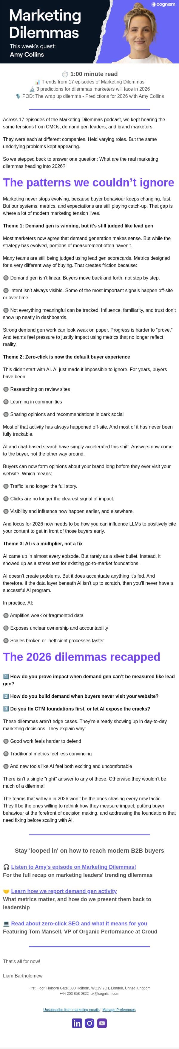 What will challenge marketers in 2026 email from Cognism screenshot
