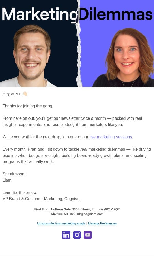 You're in! 🎉 email from Cognism screenshot