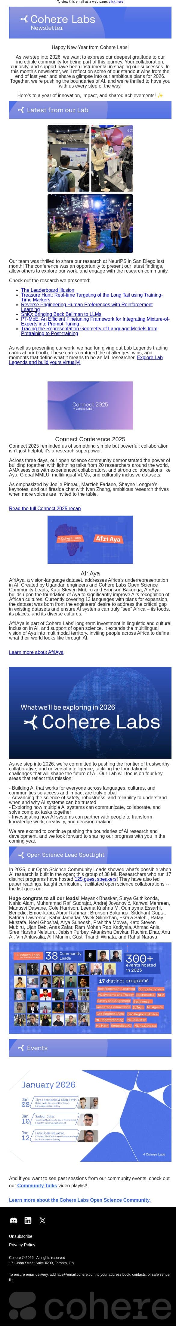 Cohere Labs Newsletter - January 2026 email from Cohere screenshot