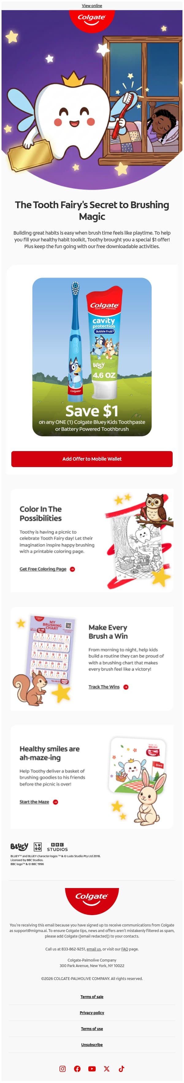 A little Tooth Fairy magic for brush time...✨ email from Colgate screenshot