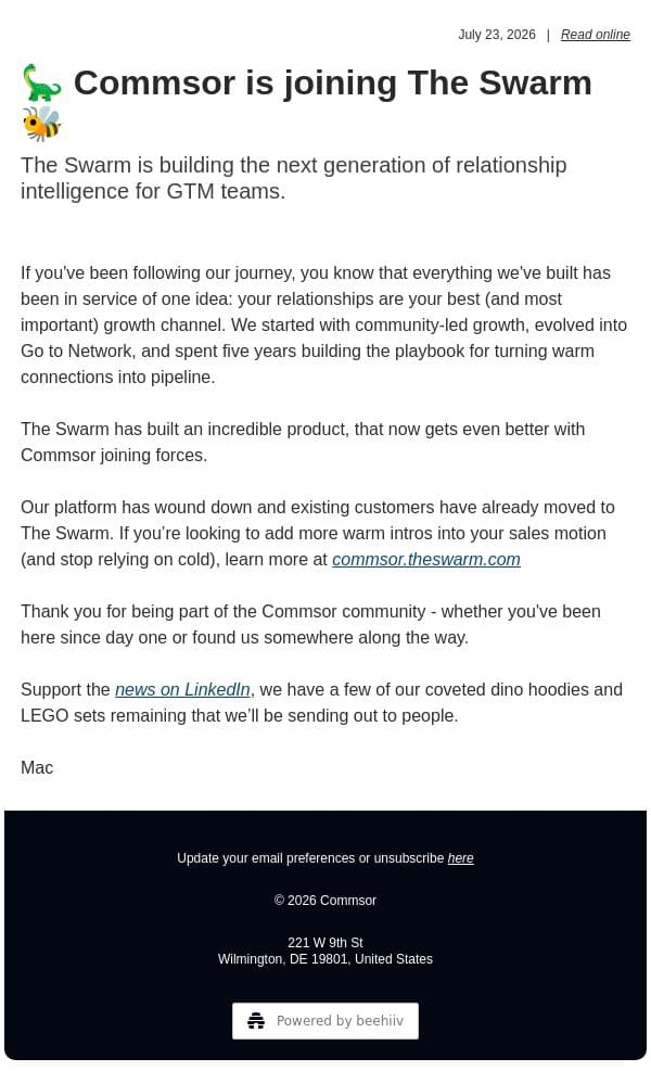 🦕 Commsor is joining The Swarm 🐝 email from Commsor screenshot