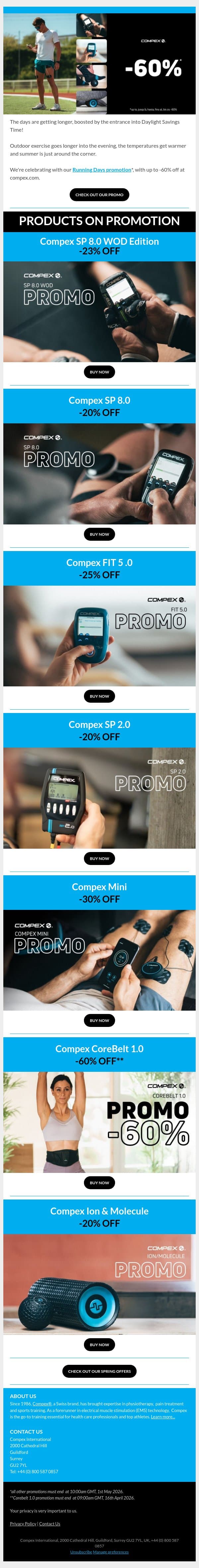Guest, our running days have begun - up to -60% off email from Compex screenshot