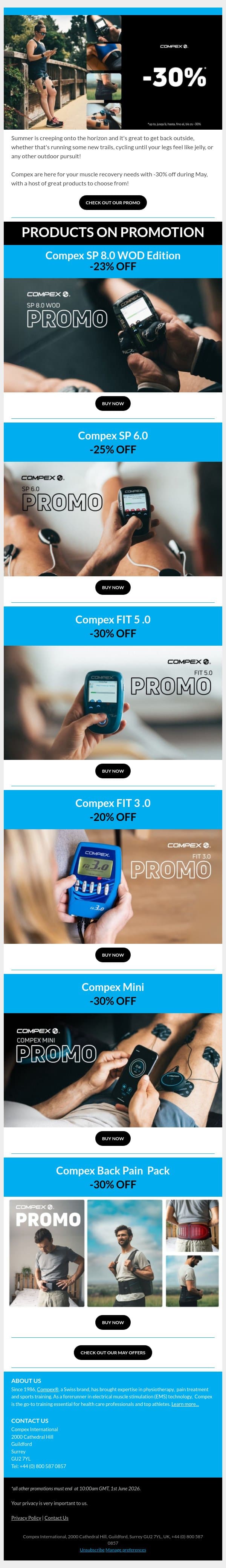 Guest, make hay while the sunshines with -30% off! email from Compex screenshot