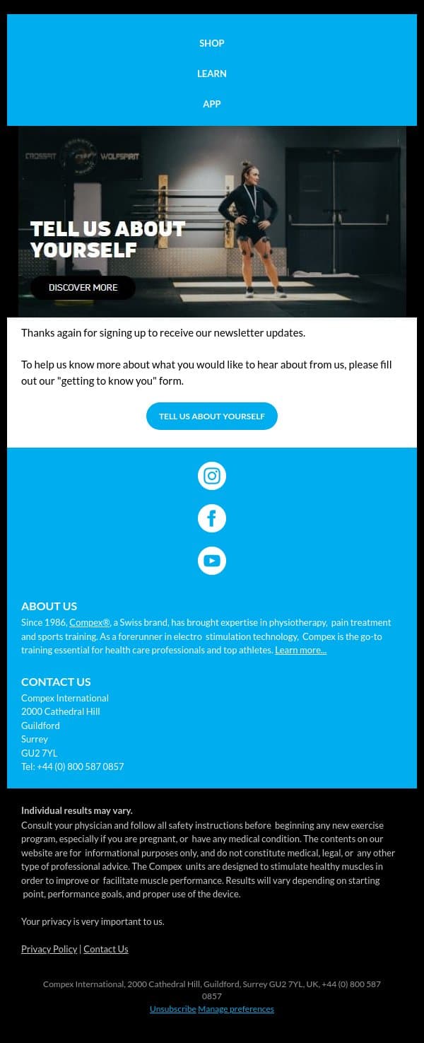 Tell us about yourself, Guest email from Compex screenshot