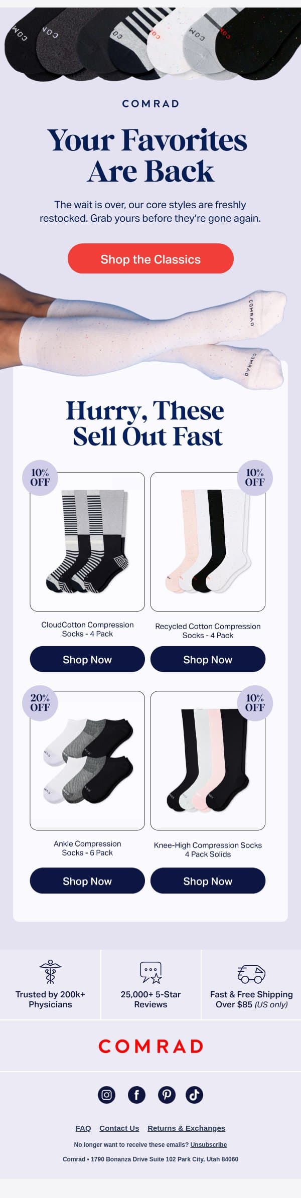 Restocked, Act Fast! email from Comrad screenshot