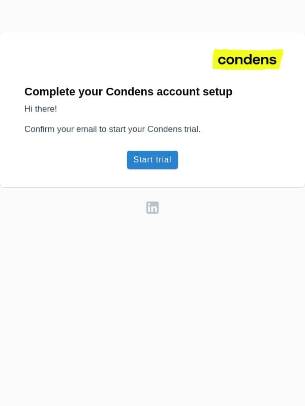 Complete your Condens account setup email from Condens screenshot
