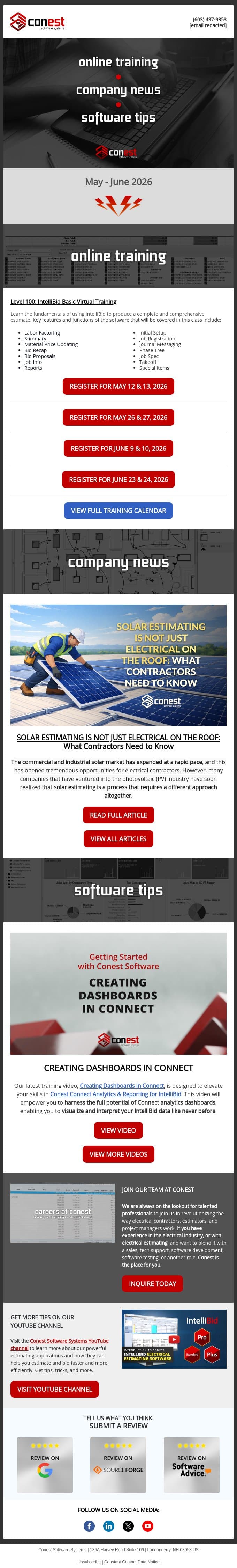 Conest Trainings and News: May - June 2026 email from ConEst screenshot