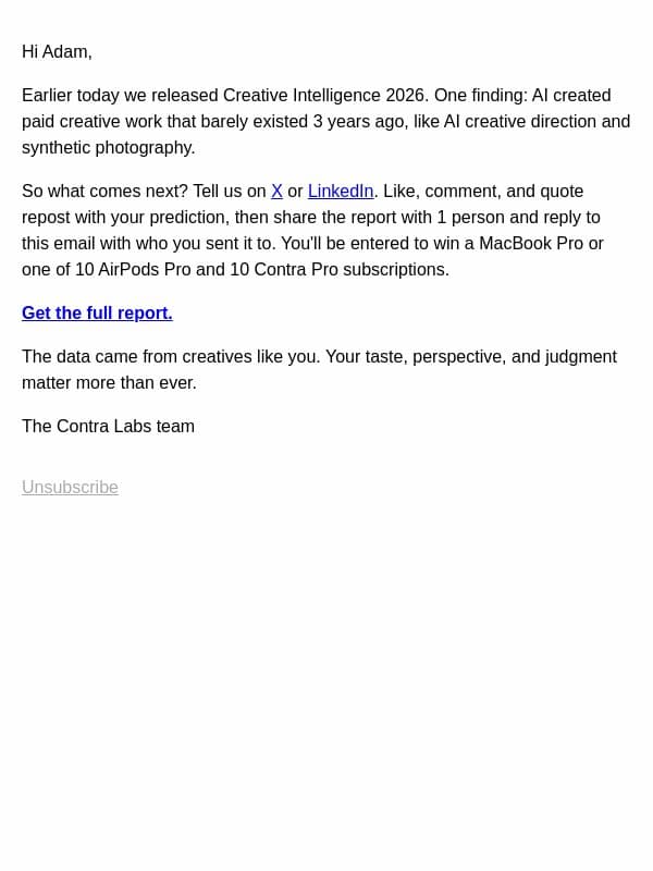 Adam, what's the next creative job? email from Contra screenshot