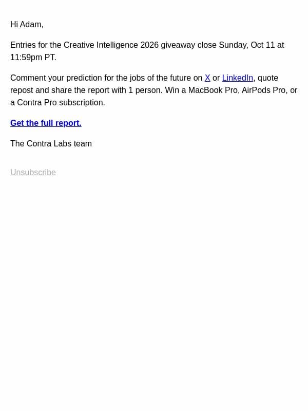 Last chance to enter: the jobs of the future email from Contra screenshot