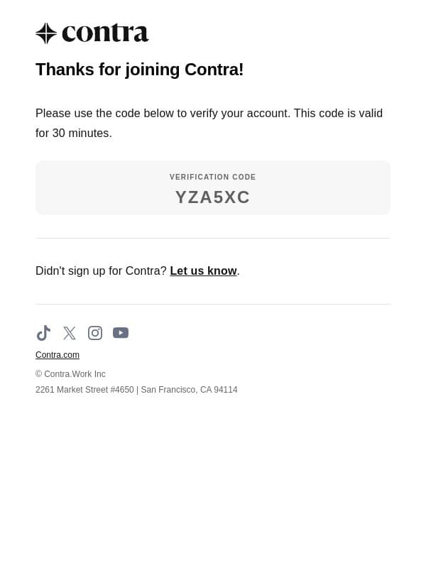 Contra confirmation code: YZA5XC email from Contra screenshot