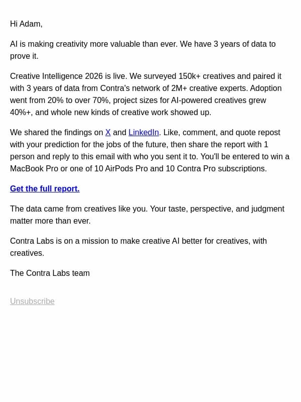 Introducing Creative Intelligence 2026 email from Contra screenshot