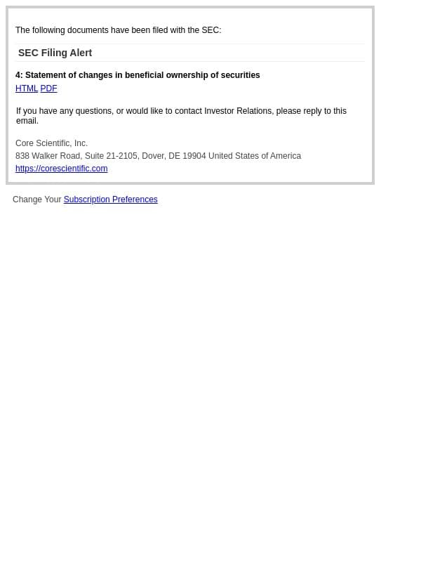SEC Filing Alert for Core Scientific, Inc. email from Core screenshot