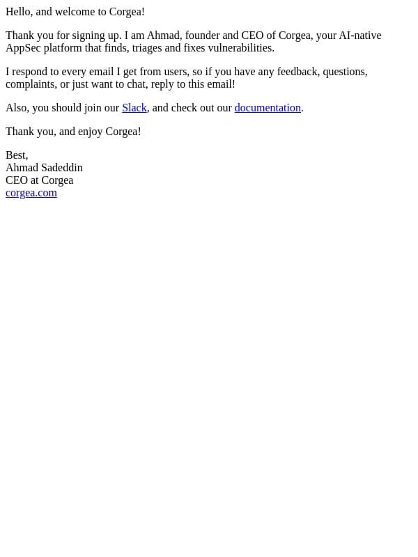 Welcome to Corgea 🐕 email from Corgea screenshot