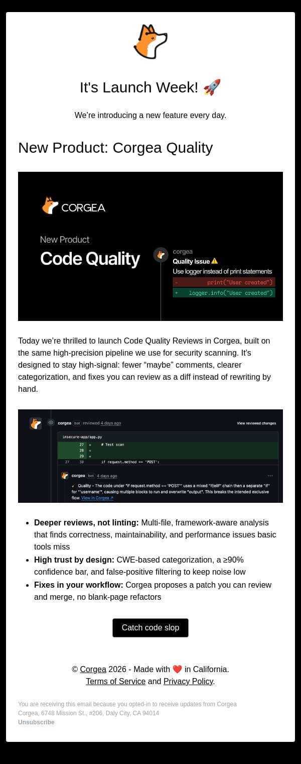 Launch Week Started - Code Quality email from Corgea screenshot