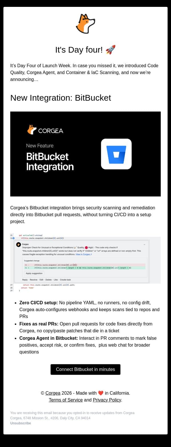Day 4- BitBucket Integration email from Corgea screenshot