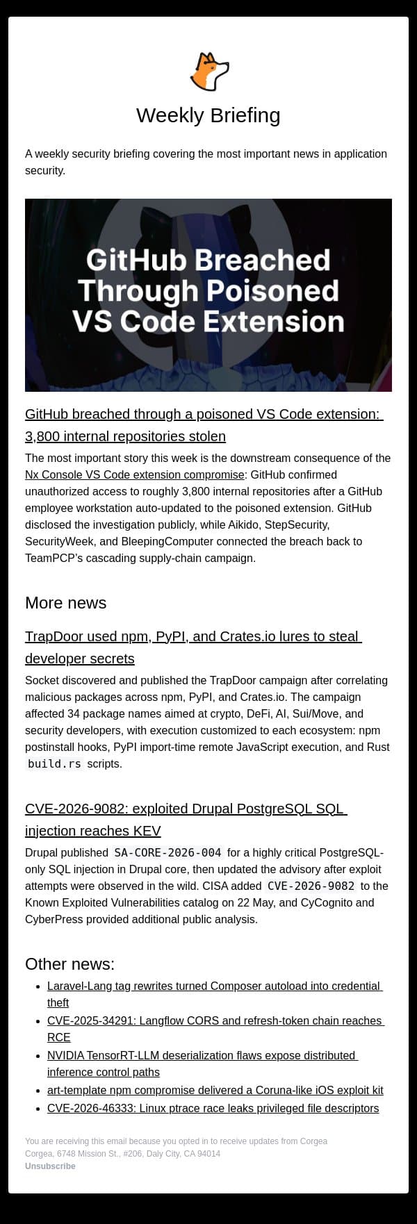 Corgea Weekly Briefing - GitHub breached: 3,800 internal repositories stolen email from Corgea screenshot