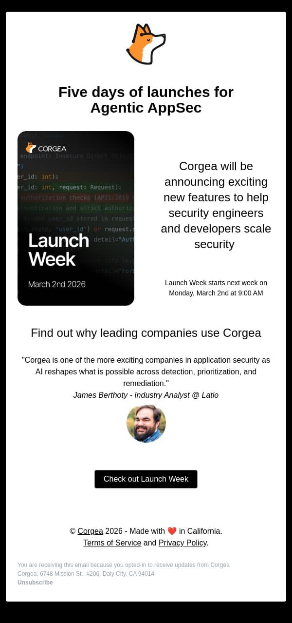 Corgea's February Launch Week email from Corgea screenshot