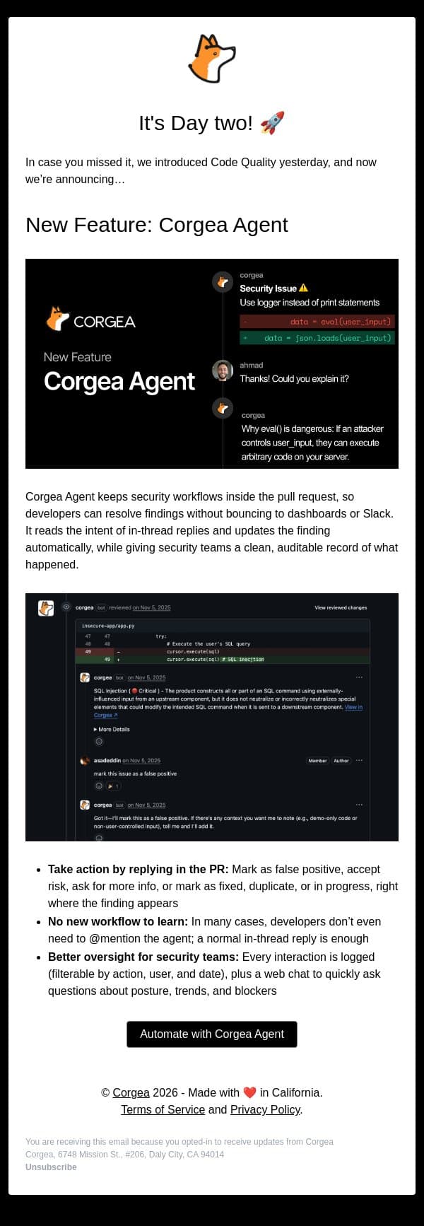 Day 2 - Corgea Agent email from Corgea screenshot