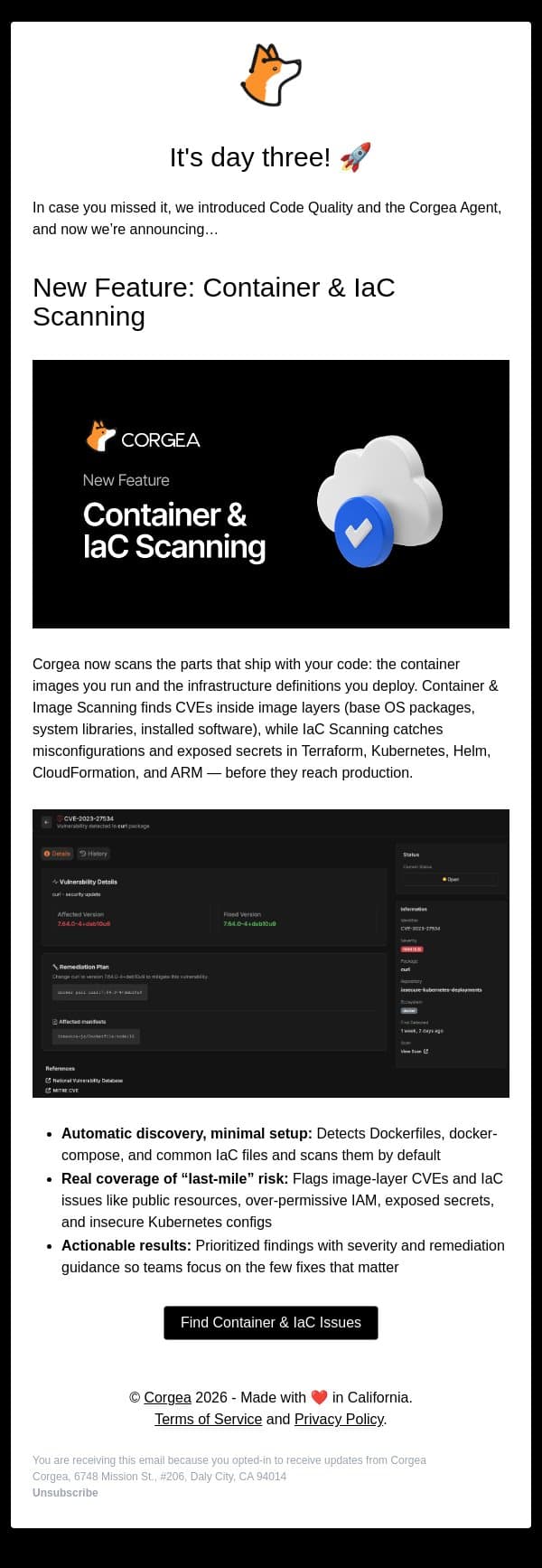 Day 3 - Container & IaC Scanning email from Corgea screenshot