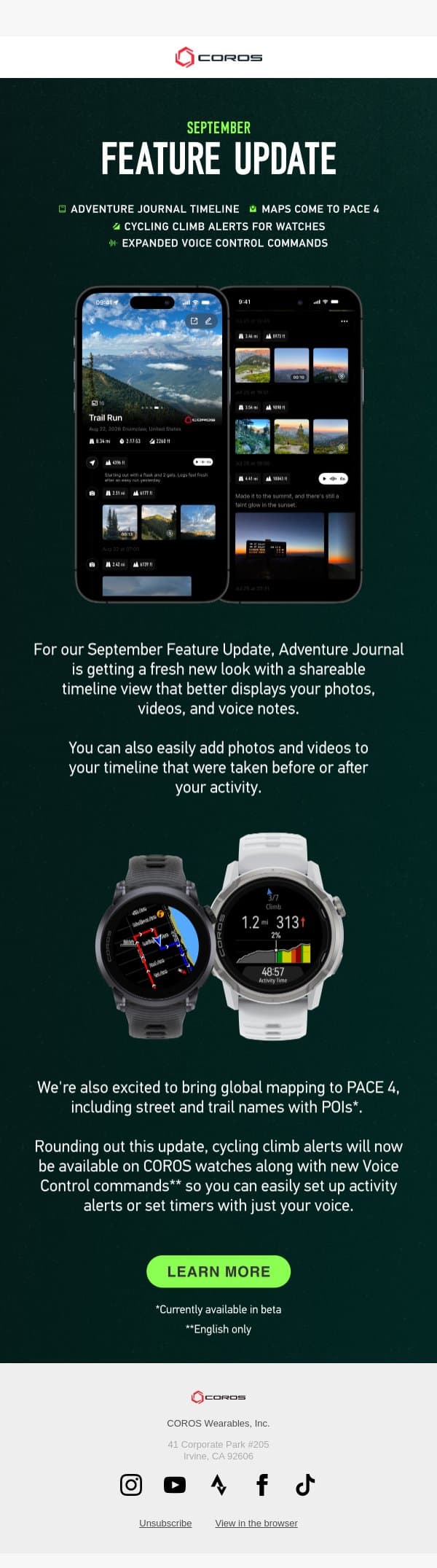 Our September Update is Here email from Coros screenshot