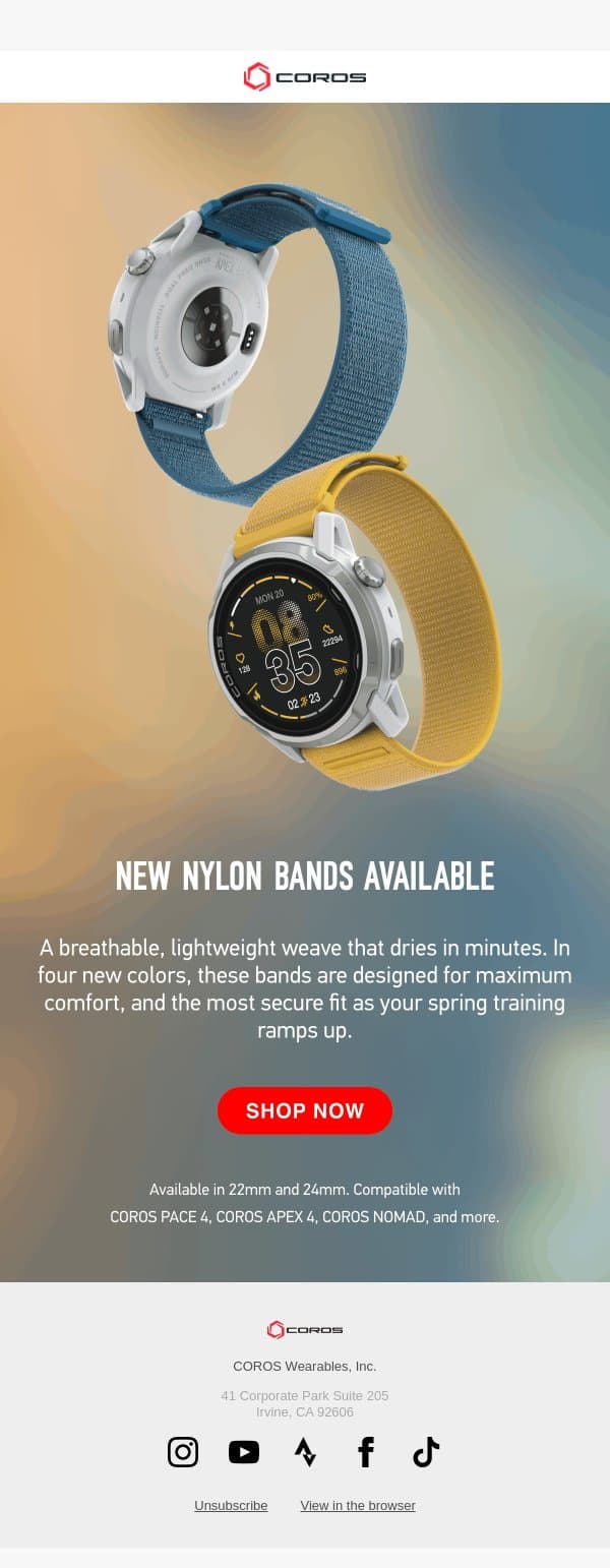 Meet our new nylon band collection. email from Coros screenshot
