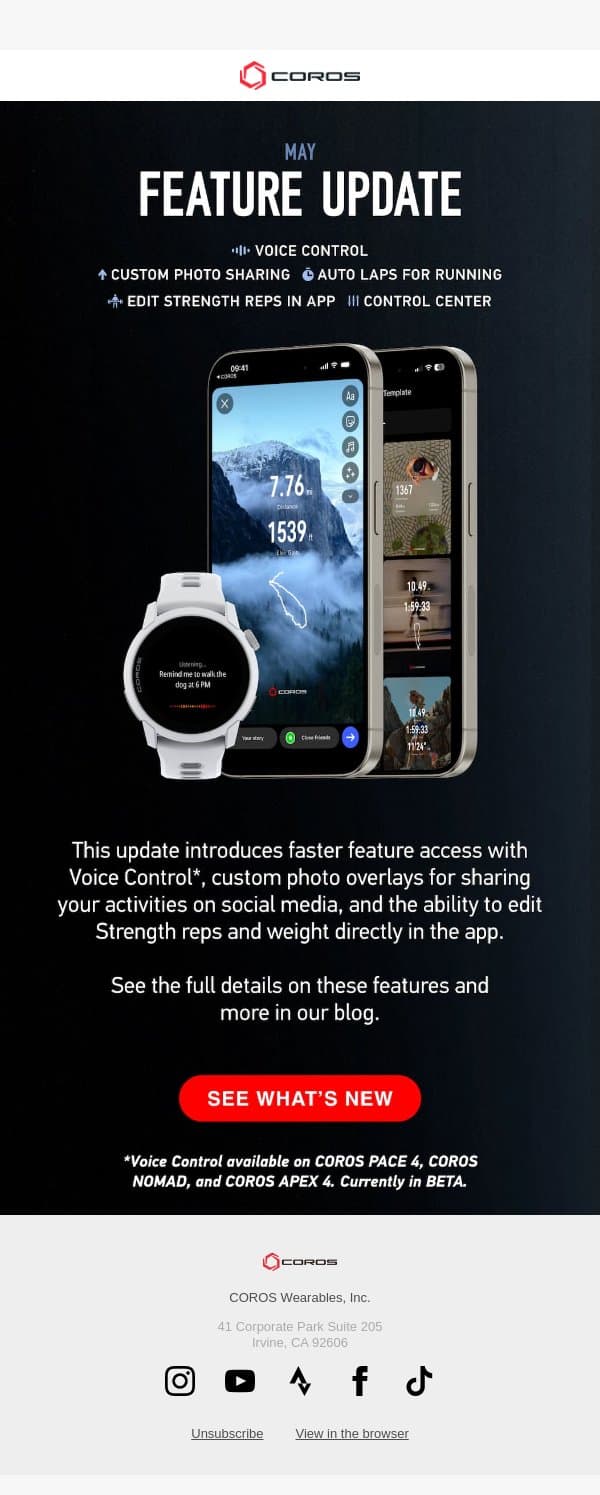 New features you won't want to miss email from Coros screenshot