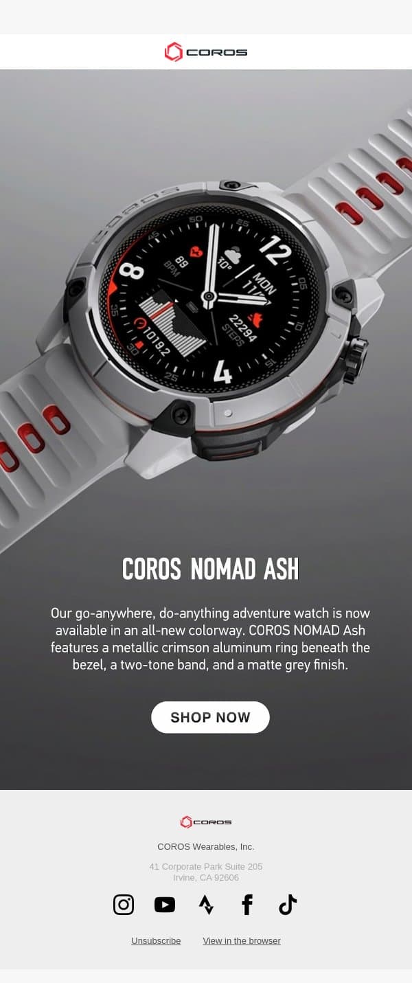 Now Available: COROS NOMAD Ash email from Coros screenshot