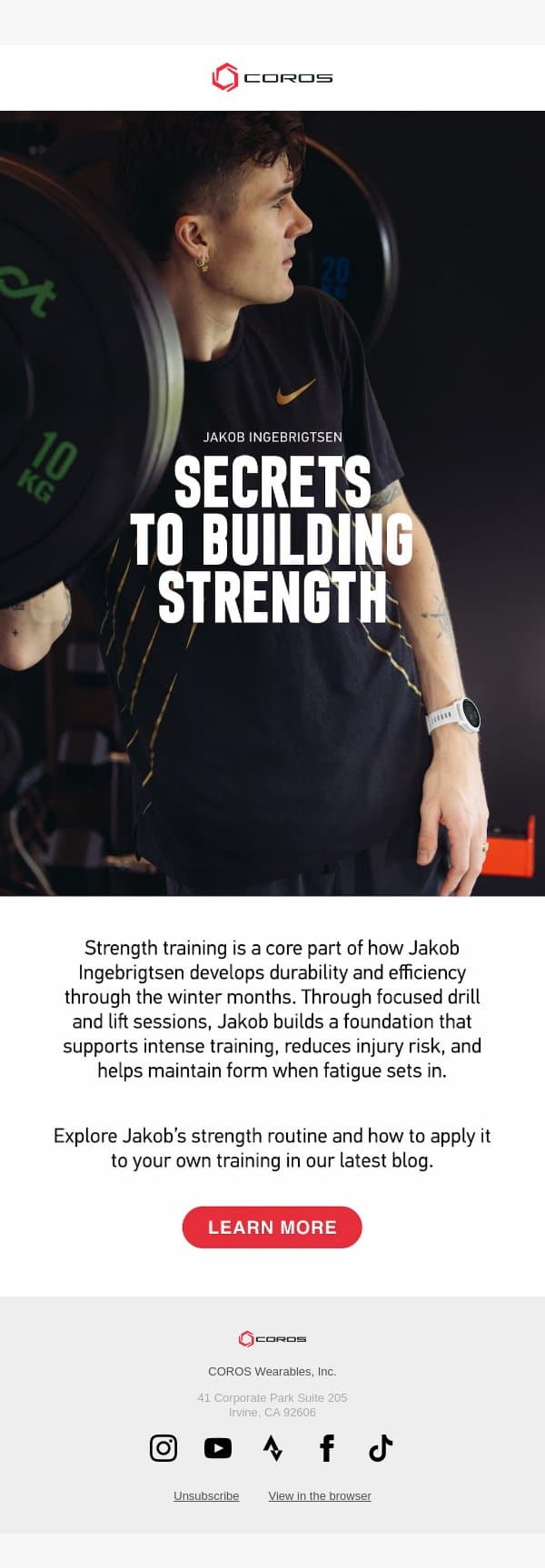 Jakob Ingebrigtsen’s Secrets to Building Strength email from Coros screenshot