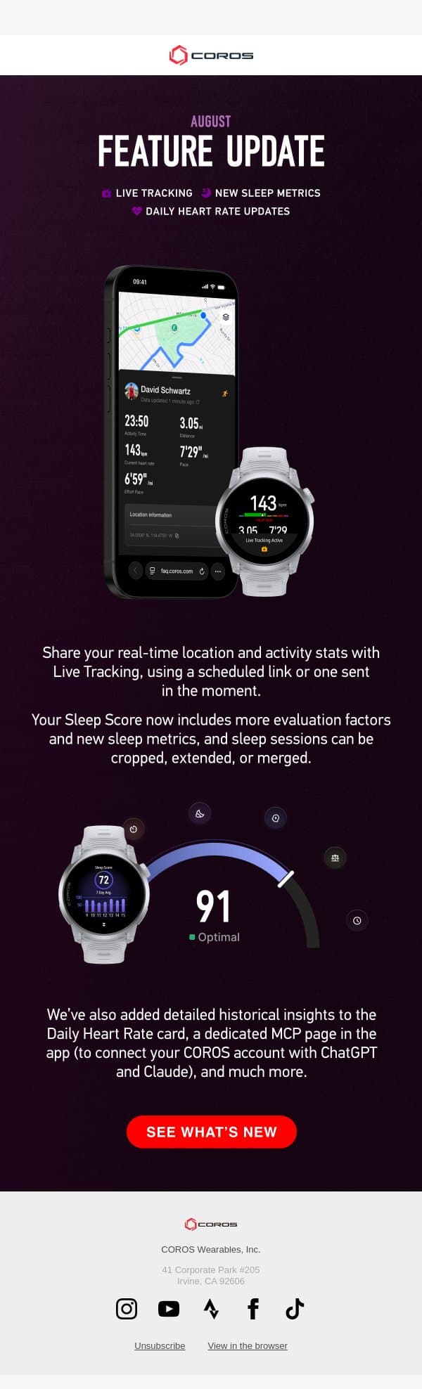 Our August Update is Here email from Coros screenshot