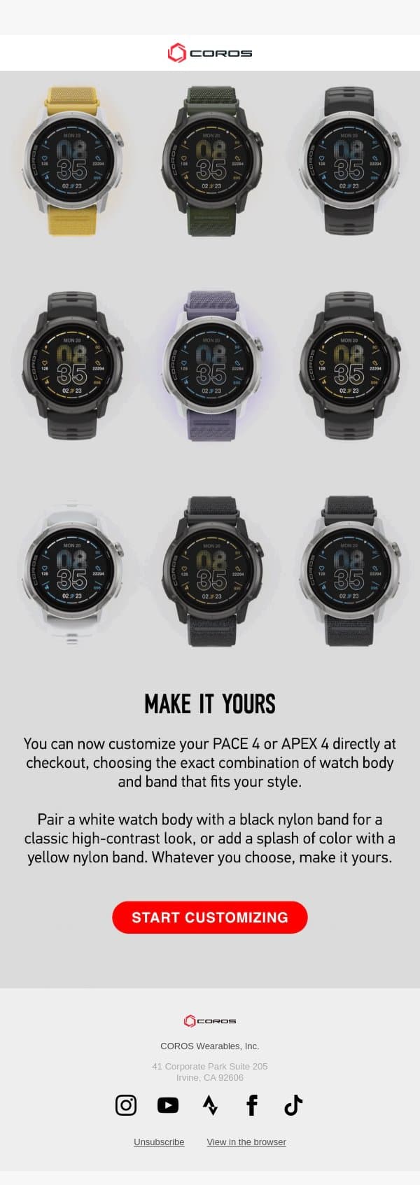 Customize your watch to be uniquely you. email from Coros screenshot