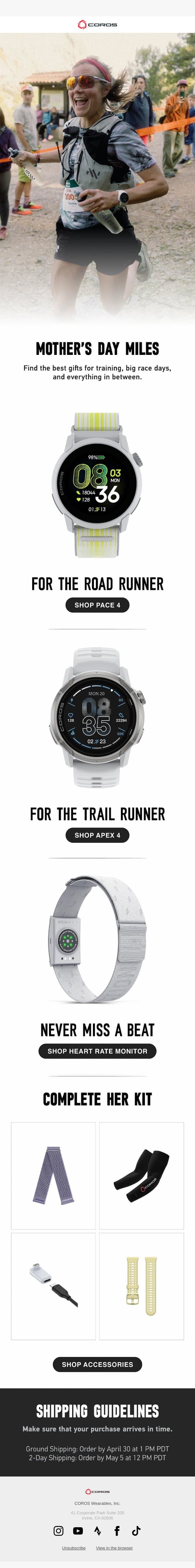 Mother’s Day Gift Guide email from Coros screenshot