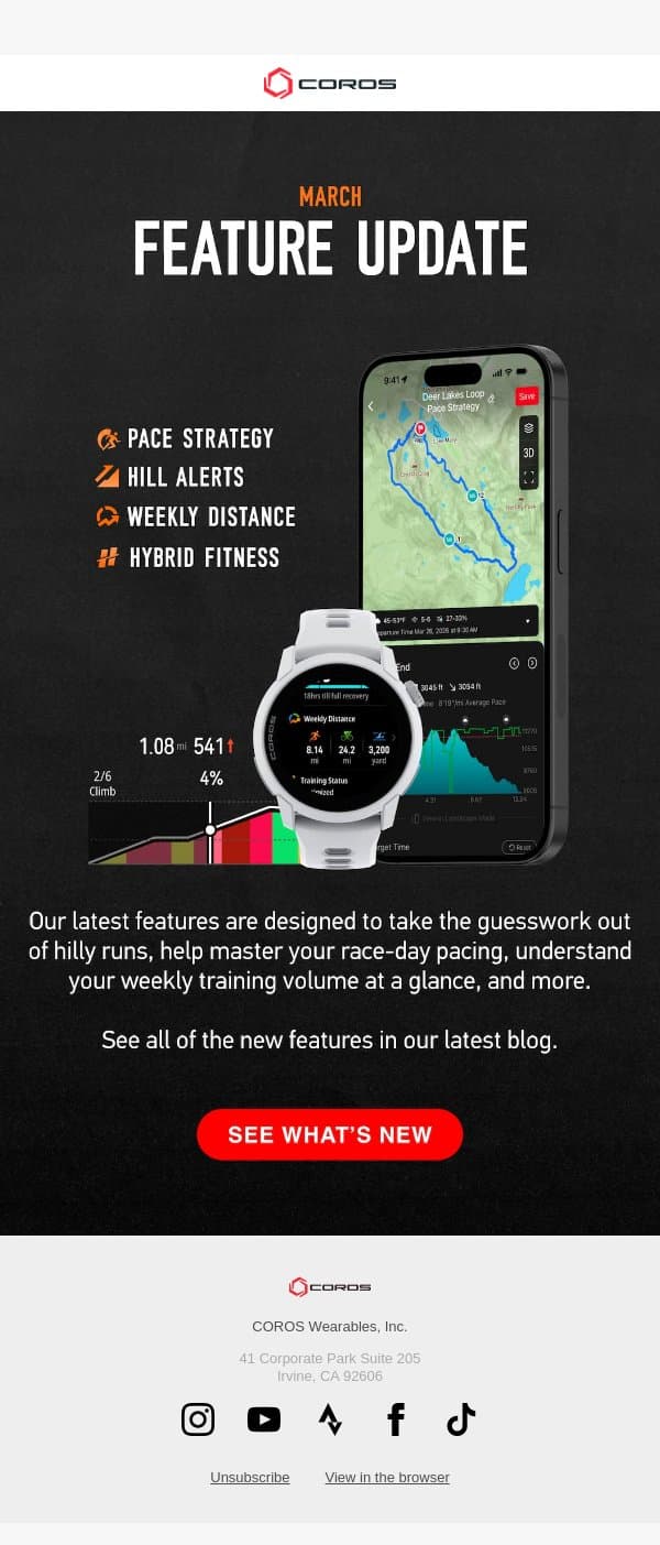 New Features in our March Update Available Now email from Coros screenshot