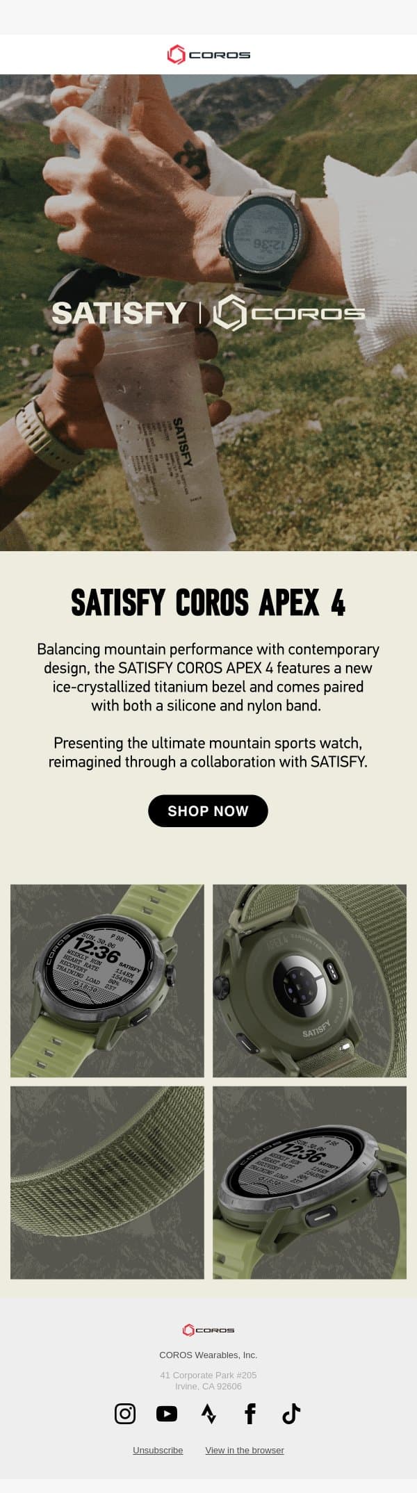 Available Now: SATISFY COROS APEX 4 email from Coros screenshot