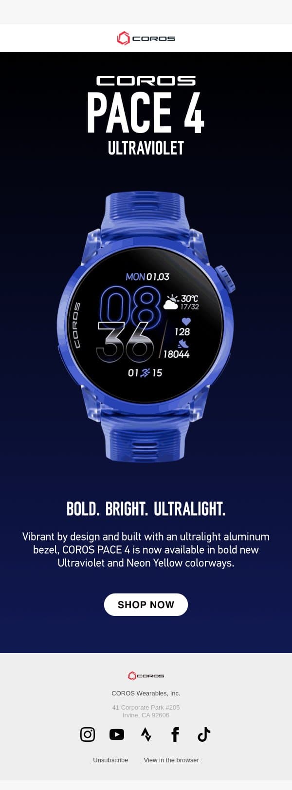Available Now: PACE 4 Ultraviolet and Neon Yellow email from Coros screenshot