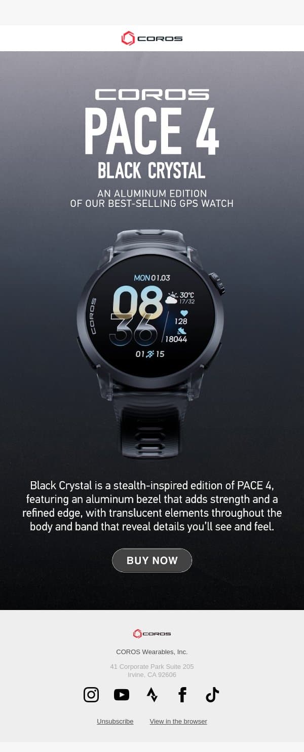 Now Available: COROS PACE 4 BLACK CRYSTAL email from Coros screenshot