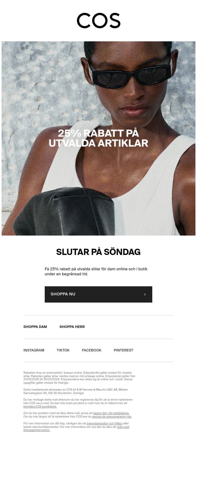25% rabatt på utvalda stilar email from COS screenshot