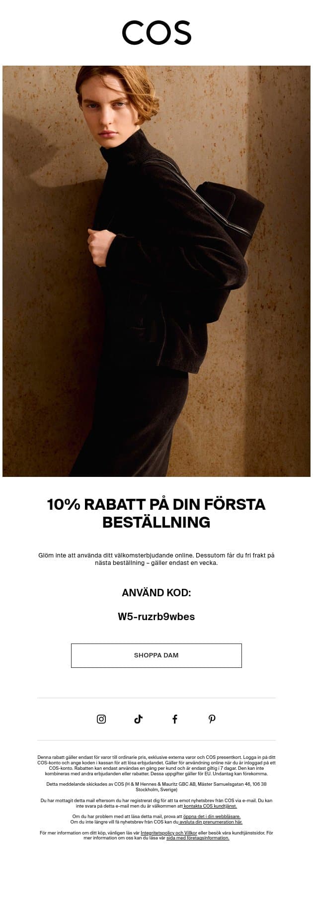 Få 10% rabatt och fri frakt email from COS screenshot