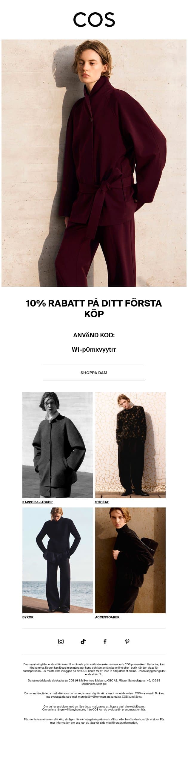 Din kod för 10% rabatt väntar email from COS screenshot