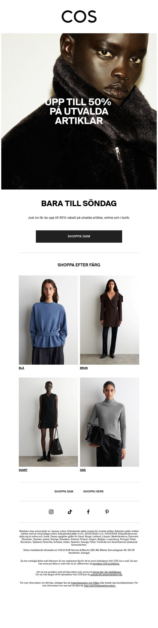 Upp till 50% rabatt på utvalda artiklar email from COS screenshot