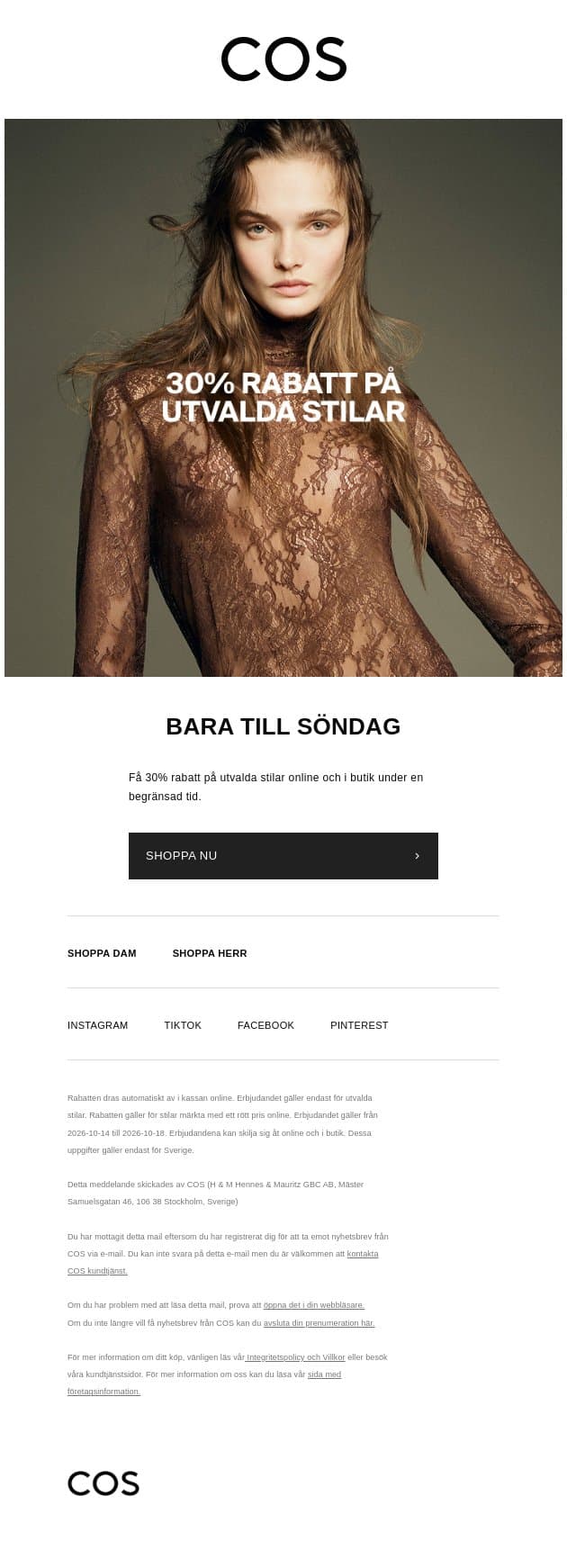 30% rabatt på utvalda stilar email from COS screenshot
