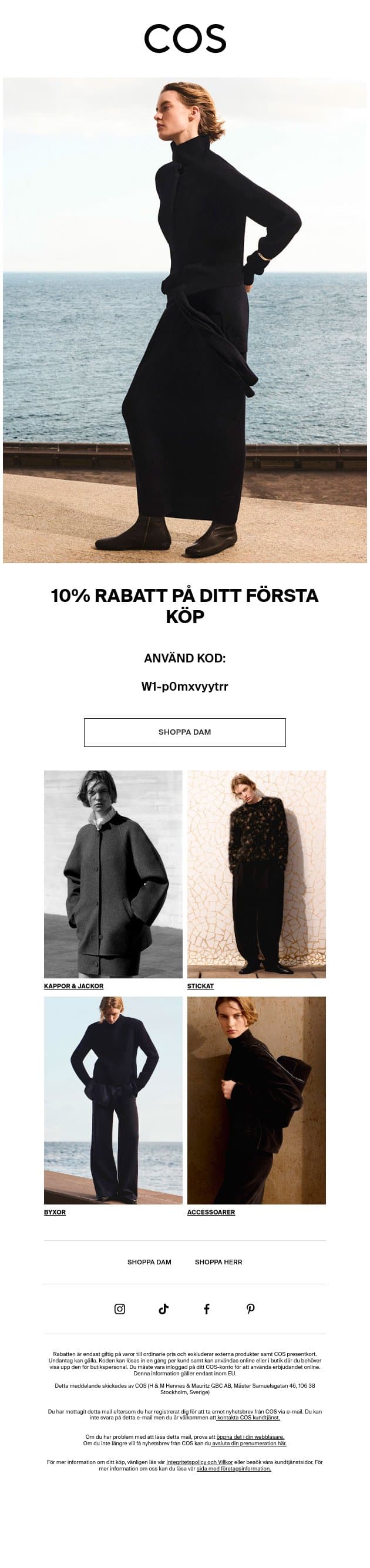 Ditt 10% välkomsterbjudande email from COS screenshot