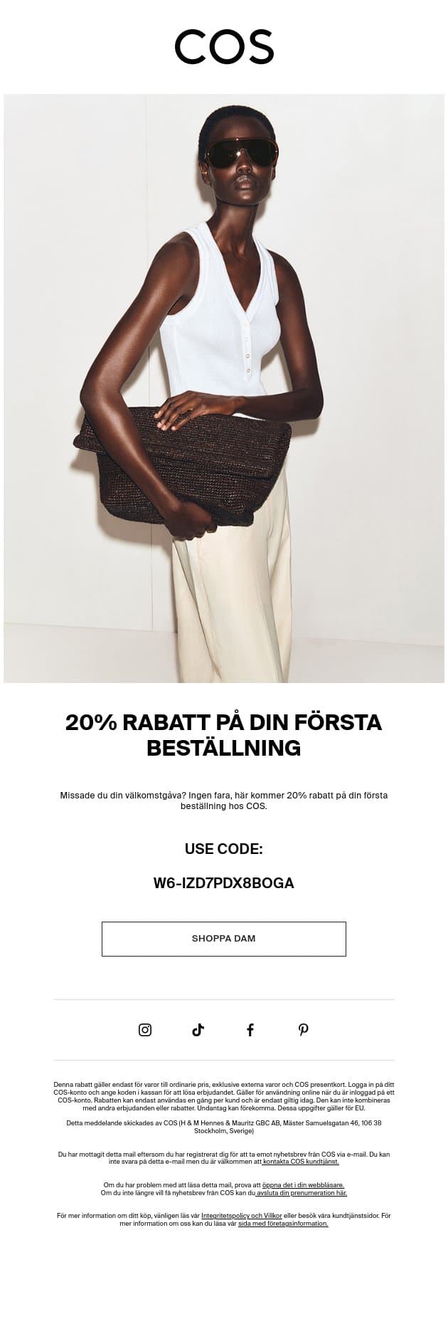 20% rabatt, gäller endast idag email from COS screenshot