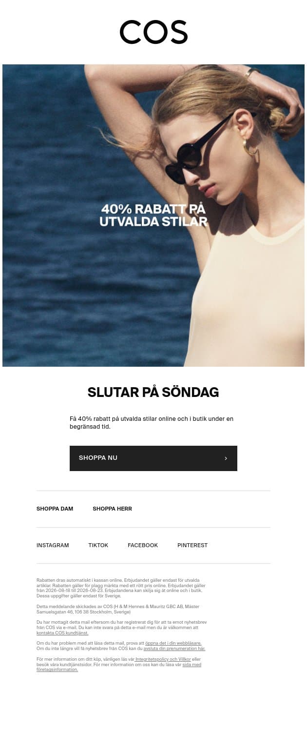 40% rabatt på utvalda stilar email from COS screenshot